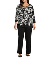 Allison Daley Plus Size Floral Print 3/4 Sleeve Criss Cross V-Neck Knit Top
