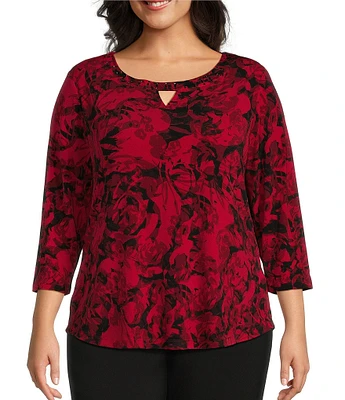 Allison Daley Plus Size Floral Print 3/4 Sleeve Embellished Keyhole Neck Knit Top