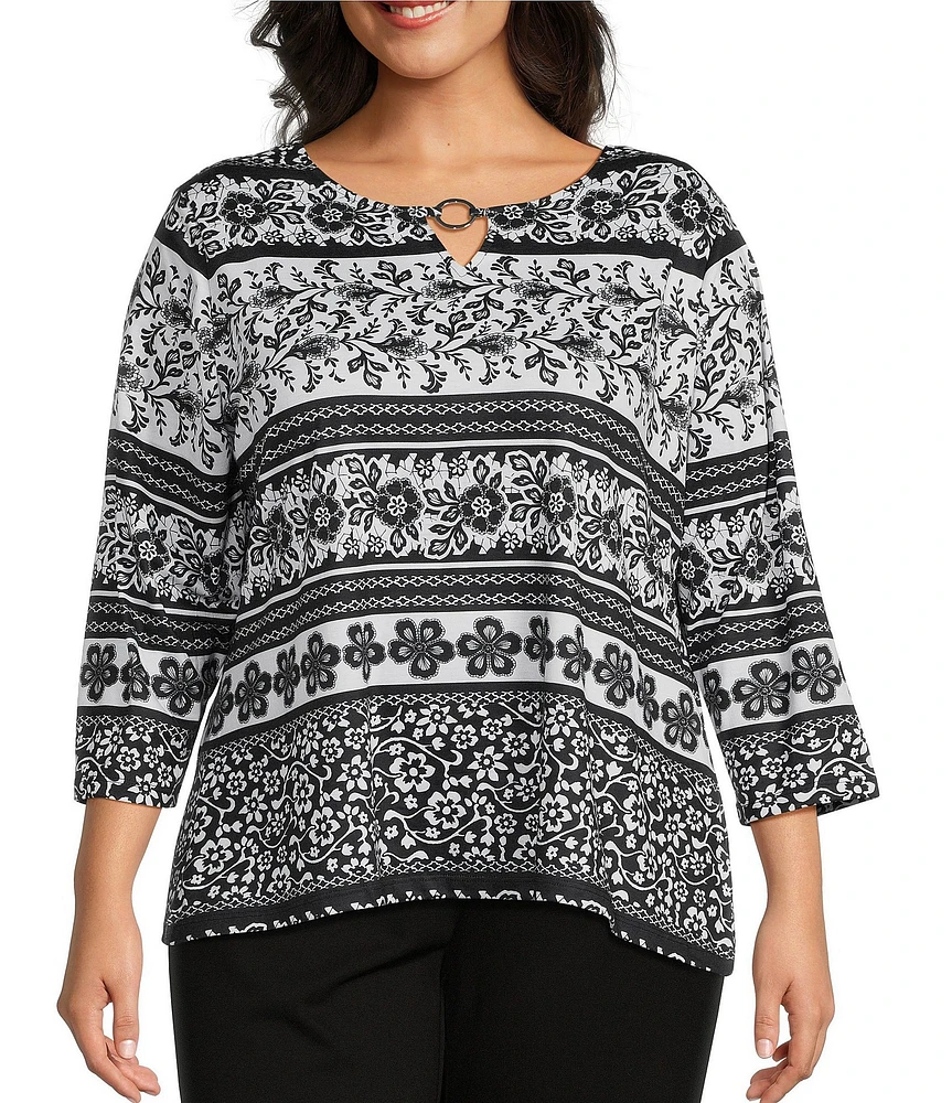 Allison Daley Plus Size Floral Stripe 3/4 Sleeve Keyhole Neck Knit Top