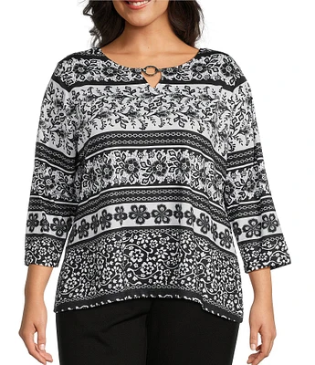 Allison Daley Plus Size Floral Stripe 3/4 Sleeve Keyhole Neck Knit Top