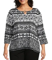 Allison Daley Plus Size Floral Stripe 3/4 Sleeve Keyhole Neck Knit Top