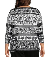 Allison Daley Plus Size Floral Stripe 3/4 Sleeve Keyhole Neck Knit Top