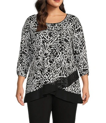 Allison Daley Plus Size Floral Zebra Print 3/4 Sleeve Crew Neck Ruffle Hem Knit Top