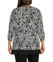 Allison Daley Plus Size Floral Zebra Print 3/4 Sleeve Crew Neck Ruffle Hem Knit Top