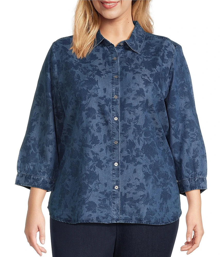 Allison Daley Plus Size Fresh Floral Print 3/4 Sleeve Point Collar Button Front Lyocell Blouse
