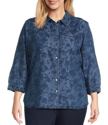 Allison Daley Plus Size Fresh Floral Print 3/4 Sleeve Point Collar Button Front Lyocell Blouse