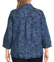 Allison Daley Plus Size Fresh Floral Print 3/4 Sleeve Point Collar Button Front Lyocell Blouse