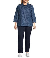 Allison Daley Plus Size Fresh Floral Print 3/4 Sleeve Point Collar Button Front Lyocell Blouse
