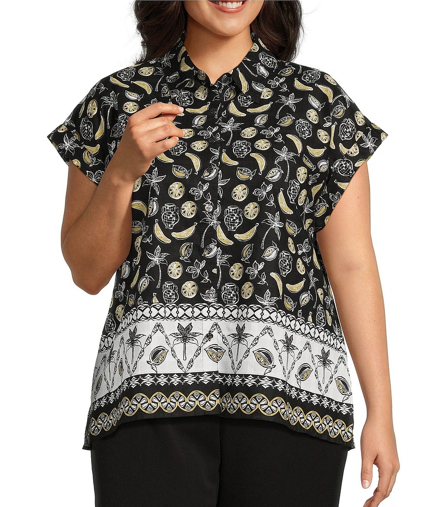 Allison Daley Plus Size Fruit Print Cap Sleeve Point Collar Button-Front Shirt