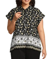 Allison Daley Plus Size Fruit Print Cap Sleeve Point Collar Button-Front Shirt