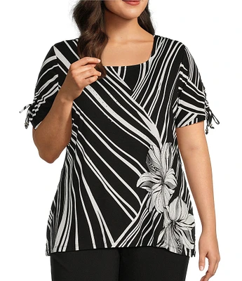 Allison Daley Plus Size Hibiscus Wave Print Short Ruched Tie Sleeve Square Neck Knit Top