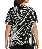 Allison Daley Plus Size Hibiscus Wave Print Short Ruched Tie Sleeve Square Neck Knit Top
