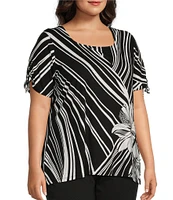 Allison Daley Plus Size Hibiscus Wave Print Short Ruched Tie Sleeve Square Neck Knit Top