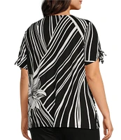 Allison Daley Plus Size Hibiscus Wave Print Short Ruched Tie Sleeve Square Neck Knit Top