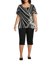 Allison Daley Plus Size Hibiscus Wave Print Short Ruched Tie Sleeve Square Neck Knit Top