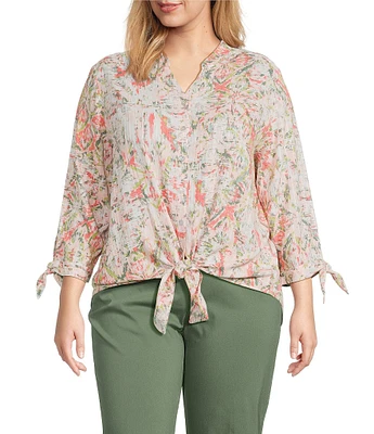 Allison Daley Plus Size Ikat Diamond Print 3/4 Tie Sleeve Y-Neck Button Front Tie-Hem Blouse