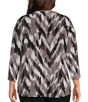 Allison Daley Plus Size Ikat Herringbone Print Pleated 3/4 Sleeve V-Neck Knit Top