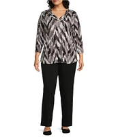 Allison Daley Plus Size Ikat Herringbone Print Pleated 3/4 Sleeve V-Neck Knit Top