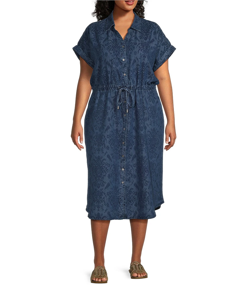 Allison Daley Plus Size Indigo Print Short Sleeve Shirt Midi Dress