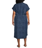 Allison Daley Plus Size Indigo Print Short Sleeve Shirt Midi Dress