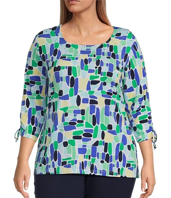 Allison Daley Plus Size Kelly Mosaic 3/4 Tie Sleeve Square Neck Knit Top