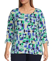 Allison Daley Plus Size Kelly Mosaic 3/4 Tie Sleeve Square Neck Knit Top