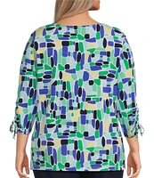 Allison Daley Plus Size Kelly Mosaic 3/4 Tie Sleeve Square Neck Knit Top