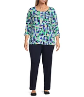 Allison Daley Plus Size Kelly Mosaic 3/4 Tie Sleeve Square Neck Knit Top