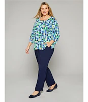 Allison Daley Plus Size Kelly Mosaic 3/4 Tie Sleeve Square Neck Knit Top