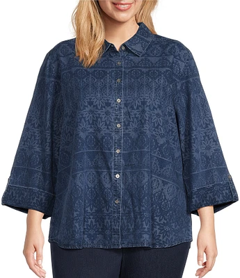 Allison Daley Plus Size Lace Stripe Print 3/4 Roll Tab Sleeve Point Collar Button Front Lyocell Shirt