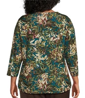 Allison Daley Plus Size Layered Leaves Print Pleated 3/4 Sleeve V-Neck Knit Top