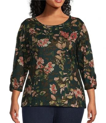 Allison Daley Plus Size Leaves Print Embellished 3/4 Ruched Sleeve Crew Neck Abstract Tee Shirt