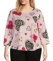 Allison Daley Plus Size Leopard Hearts Print 3/4 Sleeve Crew Neck Knit Top