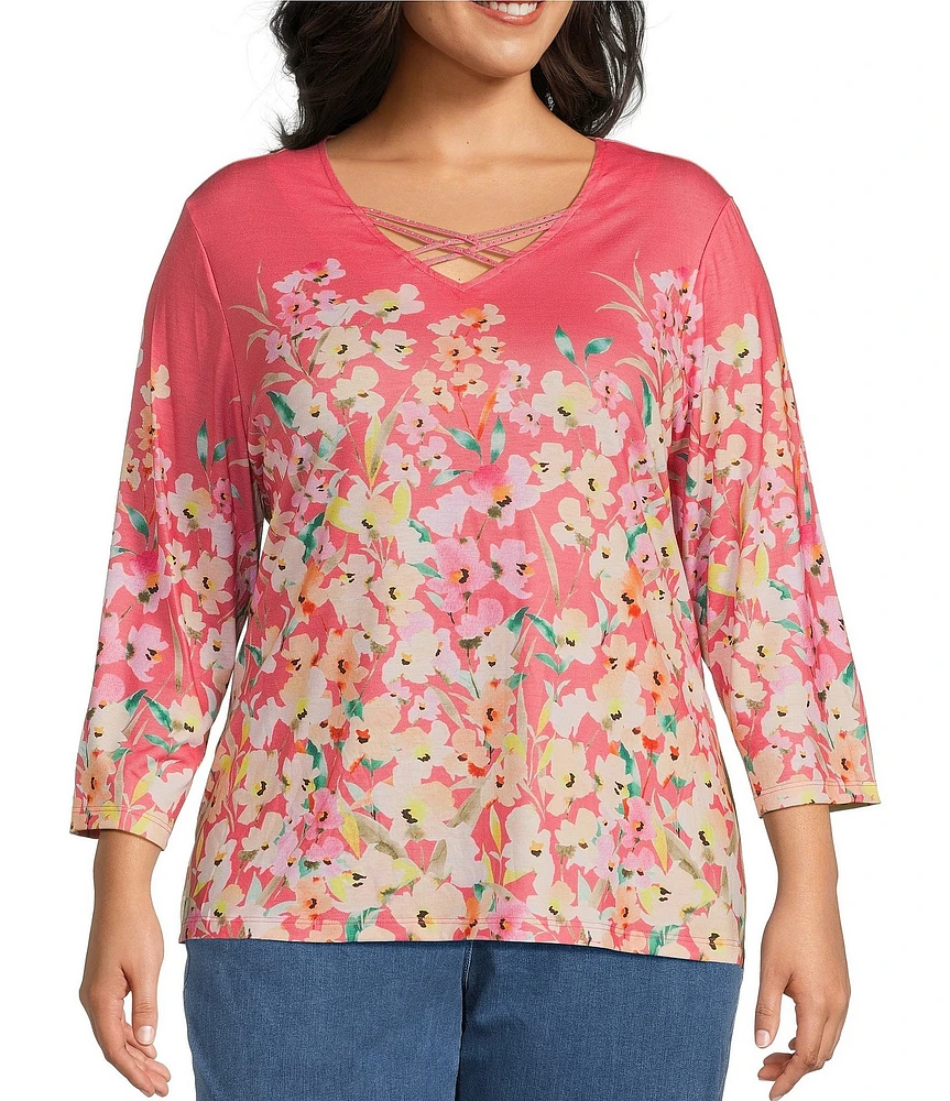 Allison Daley Plus Size Living Floral Print 3/4 Sleeve Criss Cross V-Neck Knit Top