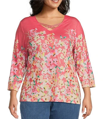 Allison Daley Plus Size Living Floral Print 3/4 Sleeve Criss Cross V-Neck Knit Top