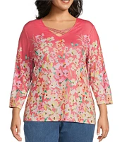Allison Daley Plus Size Living Floral Print 3/4 Sleeve Criss Cross V-Neck Knit Top