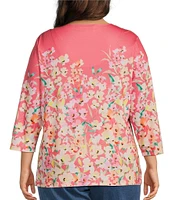 Allison Daley Plus Size Living Floral Print 3/4 Sleeve Criss Cross V-Neck Knit Top