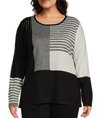 Allison Daley Plus Size Long Sleeve Crew Neck Embellished Color Block Sweater