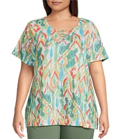 Allison Daley Plus Size Natural Ikat Print Short Sleeve Criss-Cross Keyhole Neck Short Sleeve Jersey Knit Top