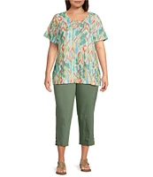 Allison Daley Plus Size Natural Ikat Print Short Sleeve Criss-Cross Keyhole Neck Short Sleeve Jersey Knit Top