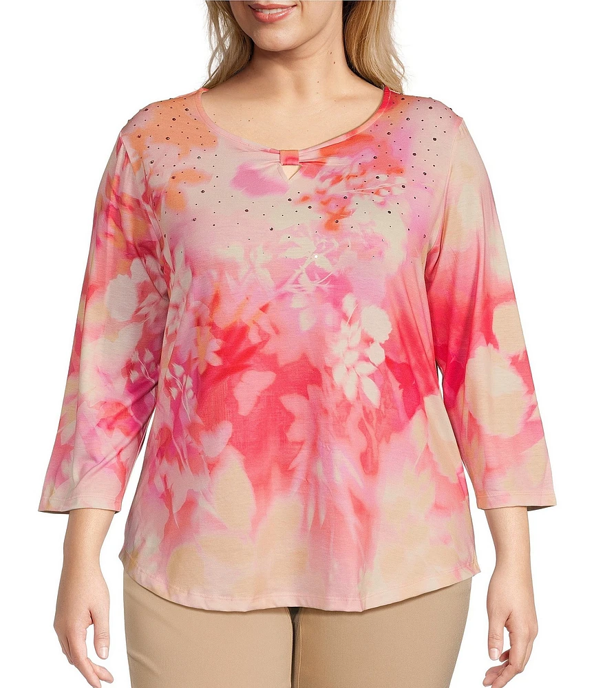 Allison Daley Plus Size Ombre Floral Print 3/4 Sleeve Keyhole Neck Knot Knit Top
