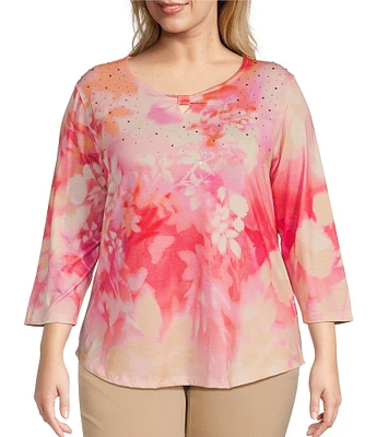 Allison Daley Plus Size Ombre Floral Print 3/4 Sleeve Keyhole Neck Knot Knit Top