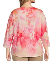 Allison Daley Plus Size Ombre Floral Print 3/4 Sleeve Keyhole Neck Knot Knit Top