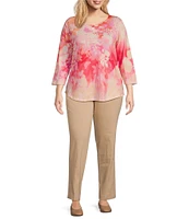 Allison Daley Plus Size Ombre Floral Print 3/4 Sleeve Keyhole Neck Knot Knit Top