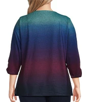 Allison Daley Plus Size Ombre Print Embellished 3/4 Ruched Sleeve Crew Neck Abstract Tee