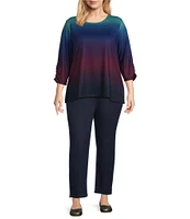 Allison Daley Plus Size Ombre Print Embellished 3/4 Ruched Sleeve Crew Neck Abstract Tee