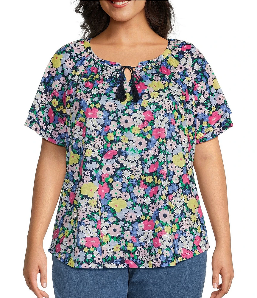 Allison Daley Plus Size Picnic Bouquet Print Flutter Sleeve Tassel Tie Neck Knit Top
