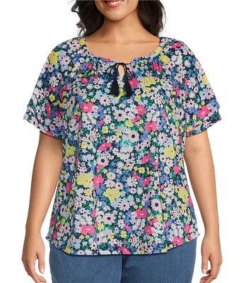 Allison Daley Plus Size Picnic Bouquet Print Flutter Sleeve Tassel Tie Neck Knit Top