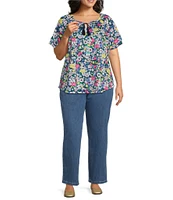 Allison Daley Plus Size Picnic Bouquet Print Flutter Sleeve Tassel Tie Neck Knit Top