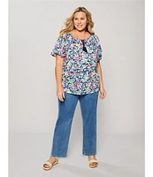 Allison Daley Plus Size Picnic Bouquet Print Flutter Sleeve Tassel Tie Neck Knit Top